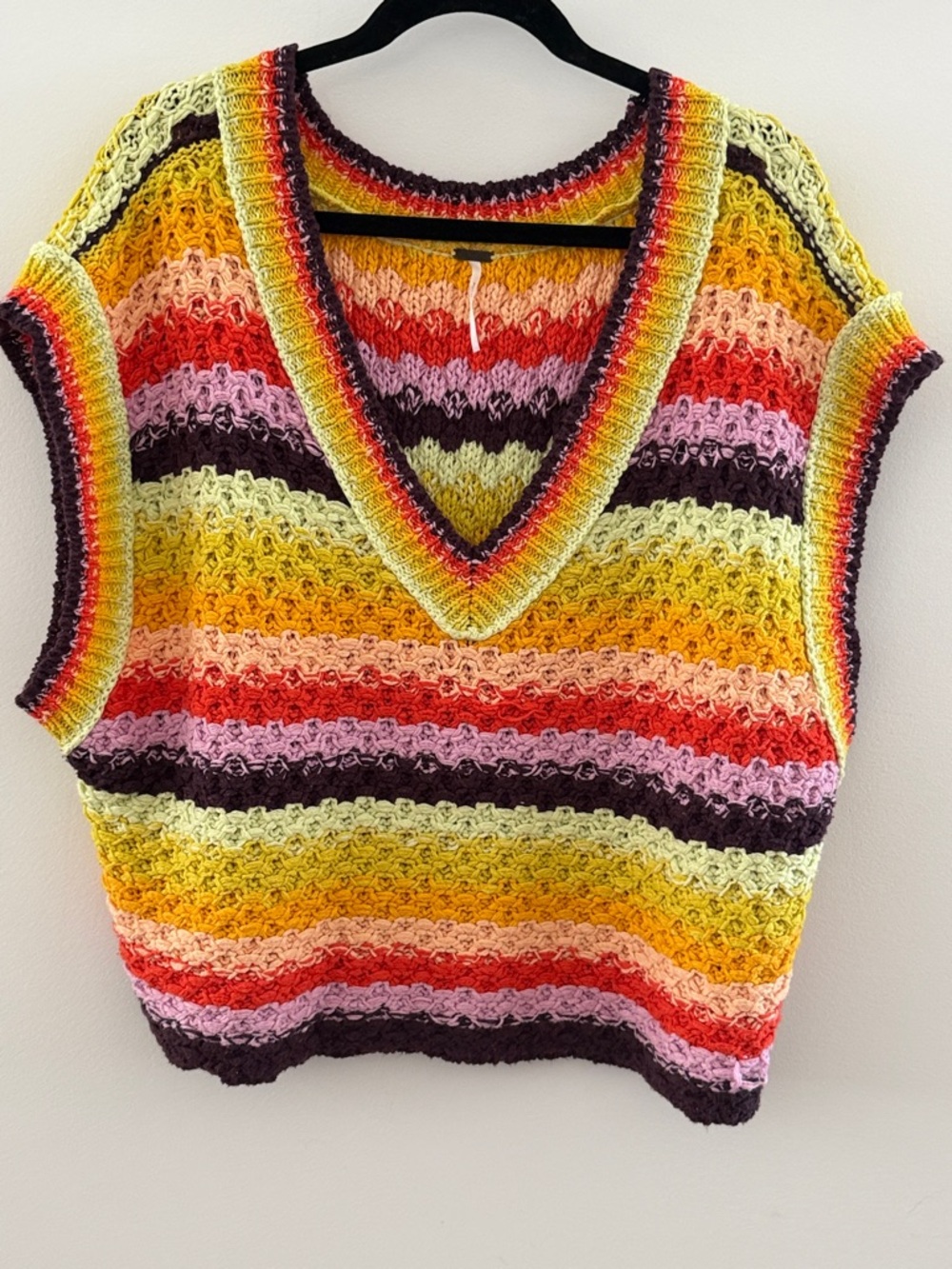 Free People Crochet V-Neck Sweater Vest in Yellow, Pink, Red, Brown